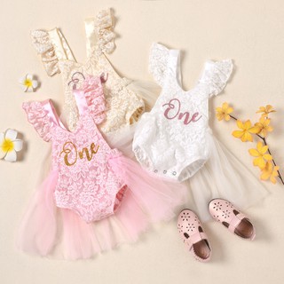 Infant Girls Butterfly Sleeve Romper Clothes Ruffle Lace Baby Princess Dress (1)