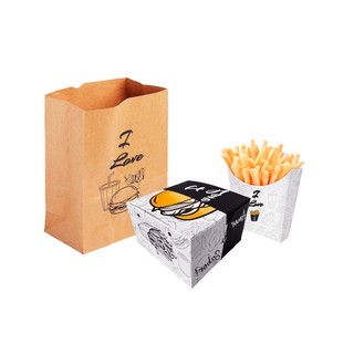 Combo Delivery Viagem Caixa Embalagem de Hambúrguer + Caixa de Batata Frita Média M + Saco Kraft Pequeno - 50 unidades de cada item