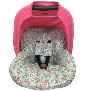 Capa forro acolchoado para aparelho bebê conforto com protetores para o cinto e mais capota solar estampa floral turquesa