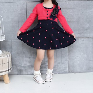 Dress Anak Perempuan Lengan Panjang Desain Sambungan Motif Polkadot+Bunga Untuk Musim Gugur