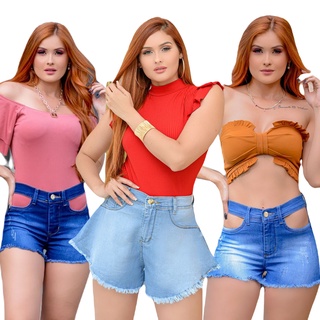 Short Jeans Feminino Cintura Alta Lycra Levanta Bumbum Promoção