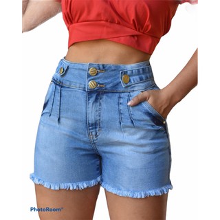 Short jeans feminino cintura alta com acabamento no cos