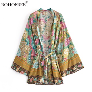 Boho Vintage Pavão Verde Floral Imprimir Caixilhos Kimono Mulheres bohemian V Neck batwing Mangas happie Curto robe