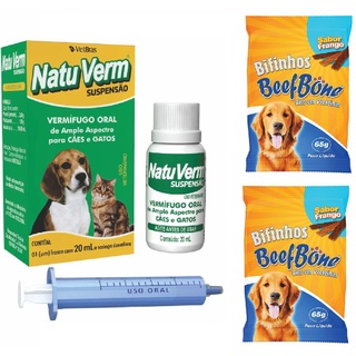 Vermífugo Líquido Oral Para Cães e Gatos Natu Verm Composto 20ml Eficaz + 2 Petisco Pet Bifinho Dog BeefBone Para Sabor FRANGO ✿ Green ✿