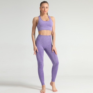 Conjunto calça legging feminina de cintura alta e sutiã sem costura esportivo para yoga / corrida / academia