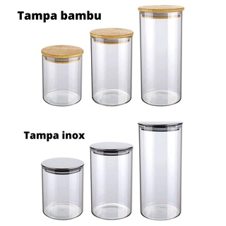 Potes herméticos de vidro com tampa de bambu, inox, porta mantimentos, mesa posta, Borossilicato