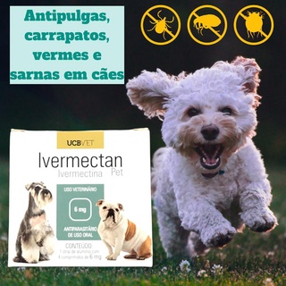 Ivermectan pet 6mg antipulgas, carrapatos, sarna e vermífugo pra cachorro caixa c/4 comprimidos (1)