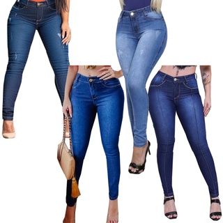 Kit 4 Calças Femininas Jeans Skinny Cós Alto Até o Umbigo Lycra Elastano Modelagem Levanta Bumbum