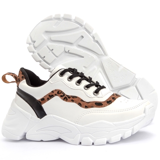 Tênis Sneaker Feminino Chunky Dad Casual Sapatore Branco e Onça