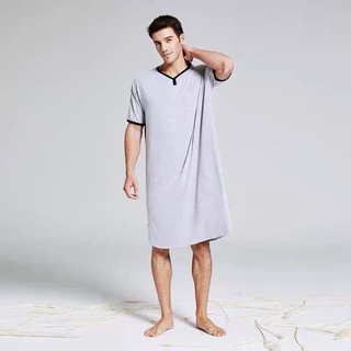 - Pijama / Pulôver Masculino Longo De Dormir / Camisa De Mangas Curtas Decote Em V Folgado De Cor Lisa Com Bolsos (3)