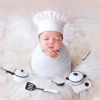 Alf Adereços Fotografia Do Bebê Little Chef Chapéu Branco Envoltório Trecho Pequeno Cozinheiro Adereços Criativas Newborn Fotografia Acessórios (1)