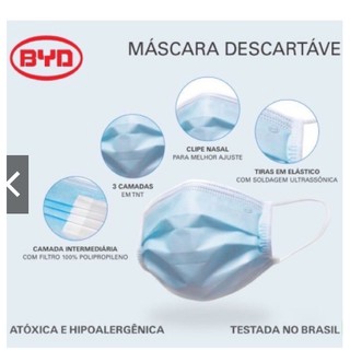 Máscara Descartável de Proteção Facial Tripla BYD Filtro Meltblown Clipe com revestimento metal Cx/50 pçs azul