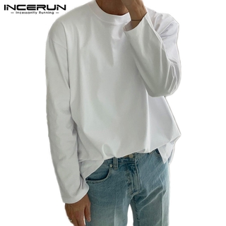 INCERUN Men's Casual Long Sleeved Solid Color Round Neck Simple T-Shirt