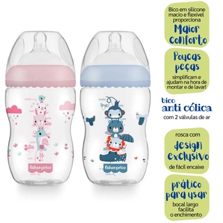 Mamadeiras Para Bebe Anti Colica com Bico Macio 2m+ 270ml First Moments Azul e Rosa Ficher Price