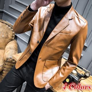 Plus Size M-3xl Men Fashion PU Leather Slim Fit Suit Blazer Jacket Spring Autumn Winter