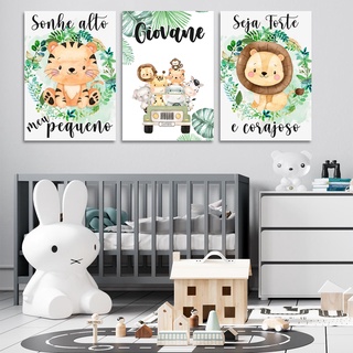 Kit Quadros Decorativos Safari 3 peças - Animais - Quarto de Bebê - Infantil com nome Personalizado PQF0-011 (8)