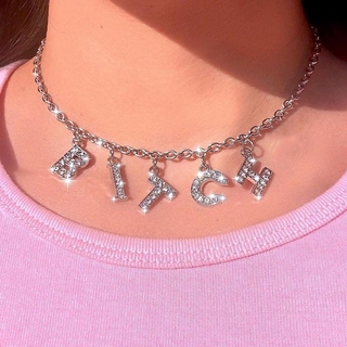 Women Fashion Statement Necklace Alphabet Bitch Pendant Crystal Necklace Charm Party Jewelry Gifts