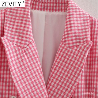 #blazer feminino longo plus#Zevity casaco feminino vintage, verde/rosa, com figura de xadrez, blusa inteligente e chique, para escritório 1onh (5)
