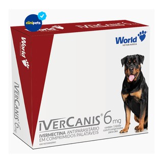 Ivercanis 6 mg Antipulgas e Carrapatos Sarna Vermífugo Ivermectina Antiparasitário Cães 1 Unidade com 4 Comprimidos World (1)