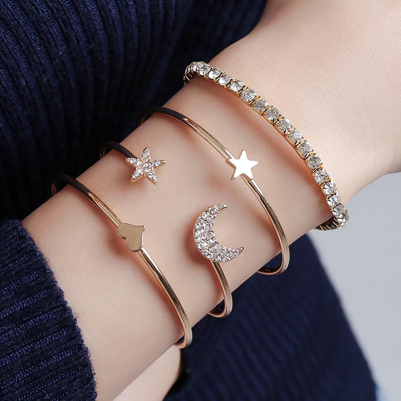 4 pçs / set luxo diamante lua e estrela pulseira aberta | 4PCS/Set Luxury Diamond Moon & Star Open Bracelet Bangle