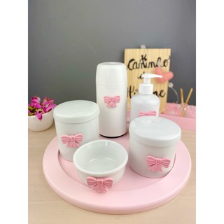 Kit Higiene Porcelana Bandeja Redonda Rosa Temas Garrafa 250ml