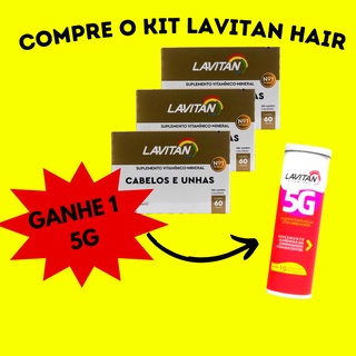 Kit c/ 3 Lavitan Hair c/ 60 Cápsulas cada. Grátis 1 Lavitan 5G c/ 10 Comprimidos efervescentes.