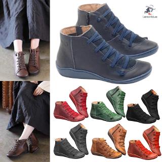 Ankle Boots De Couro Outono Rendas Até As Mulheres Do Vintage Sapatos Confortáveis Botas De Salto Plana Zipper Bota Curta