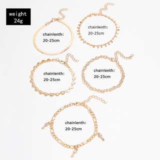 5 Pcs/Set Women Fashion Gold Color Heart Crystal Key Anklets for Women Trendy Snake Chain Anklets for Women Foot Jewelry (2)