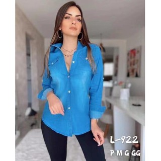 Camisa Jeans Feminina com Bolsos Modelo Importado Liso (2)