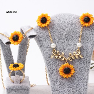 Mac1 3 / 5 Peças Conjunto De Brincos / Pulseira / Colar Com Imitação De Pérola / Girassol / Folha | MAC1_3/5Pcs Lady Sunflower Leaf Faux Pearl Charm Necklace Earrings Bracelet Ring Set