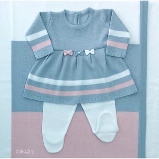 Saída de maternidade de menina vestido azul com rosa em tricot 3 peças completa