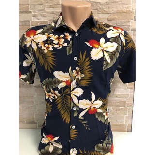 Camisa Masculina Estampa Floral Havaiana Manga Curta Viscose (2)