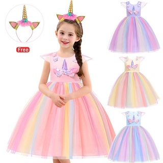 Vestido de festa princesa unicórnio + chapéu para meninas
