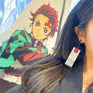 POP Japanese Anime Sun Goddess Kamado Tanjiro Long Rectangle Stud Earring Cosplay Props Unisex Jewelry (8)