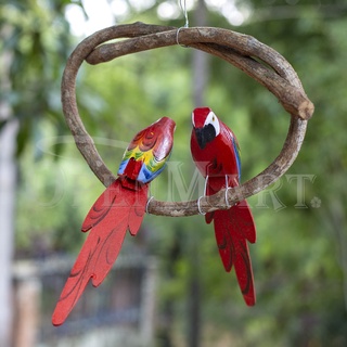 Escultura Pássaro De Madeira Casal De Arara No Cipó Artesanal Rústico