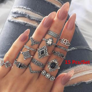 15 Pcs/Set Vintage Silver Rings Set for Women Party Jewelry
