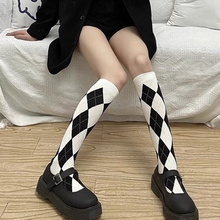 Women Lattice Cotton Knee High Socks Kawaii Black White Fashion Casual Calf Sock Female Party Dancing Sexy Long Socks Harajuku