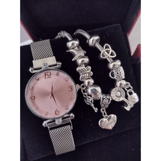 Kit relógio feminino pulseira magnética e pulseira tipo pandora berloques prata