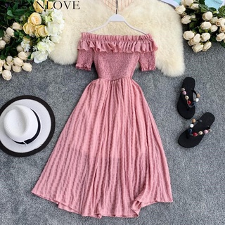 2021 New Ladies Summer Dress Plaid Twill Collar Off-Shoulder Solid Color Ruffled A-Line High Waist Dress