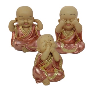 Trio Buda Bebês Rose Gold Cego Surdo Mudo Gesso Monge 15 cm