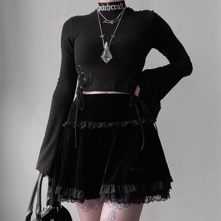nvzhuang Women Gothic Velvet Black Cross Embroidery Lace Trim Pleated Flared Mini Skirt pleated skirt