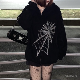 Gótico punk teia de aranha com capuz feminino fada grunge escuro jaqueta jaqueta jaqueta Harajuku outwear moletons com zíper roupas emo alt
