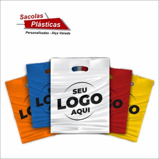 100 Sacola Plastica personalizada boca vazada/boca palhaço/alça vazada 25x35 com logo para camisa
