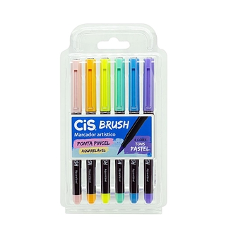 Caneta CIS Brush Pen Aquarelável Estojo c/ 6 Tons Pastel