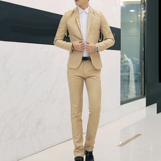 Yar_2Pcs Office Business Men Solid Color Lapel Long Sleeve Slim Blazer Pants Suit (6)