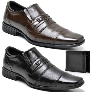 kit 2 pares sapato social masculino de couro legitimo + carteira de couro (1)
