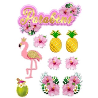 Topo De Bolo Tropical Flamingo Cortado Colado Envio Imediato Pronta Entrega Personalizado Topper
