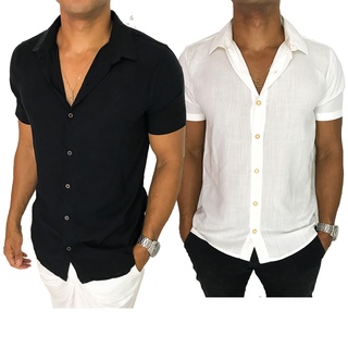 Camisa masculina social manga curta lisa viscolinho (2)