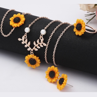 4 pieces/set fashionable sunflower leaf pendant necklace set
