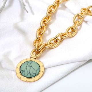 Vintage Green Stone Pendant Necklace Statement Gold Color Heavy Metal Long Chain Necklace Gifts (4)